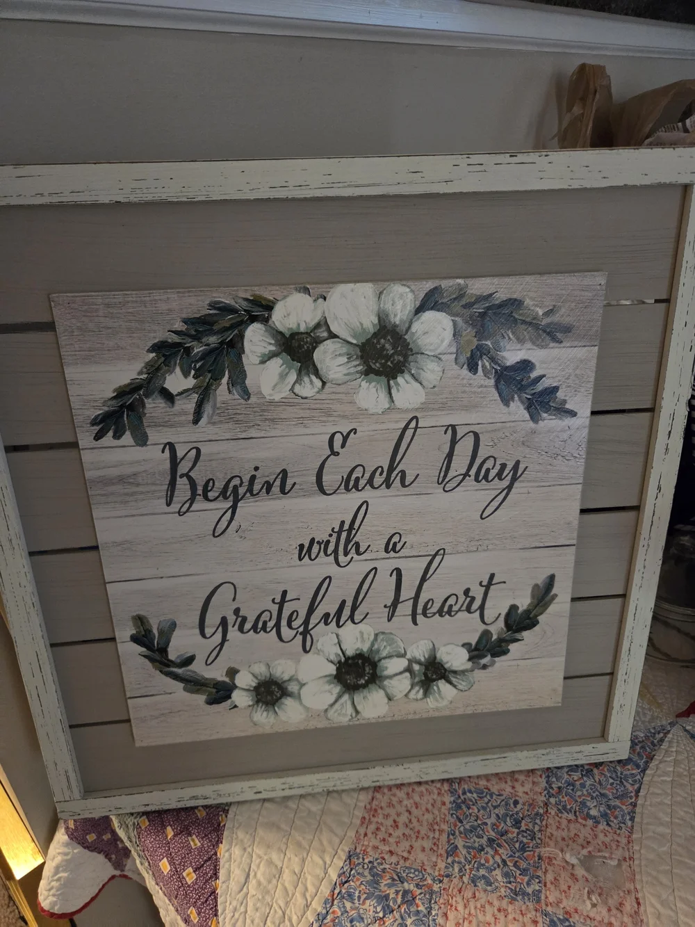 Begin Each Day With a Grateful Heart Wall Art White Floral Wall Decor Art